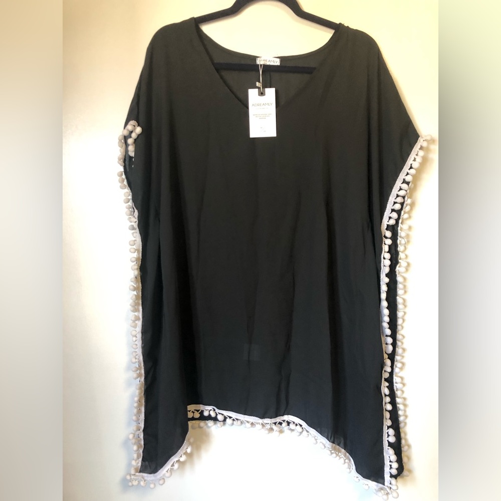 🟩NWT Adreamly women’s Pom Pom trim kaftan Chiffon swimsuit coverup black size S